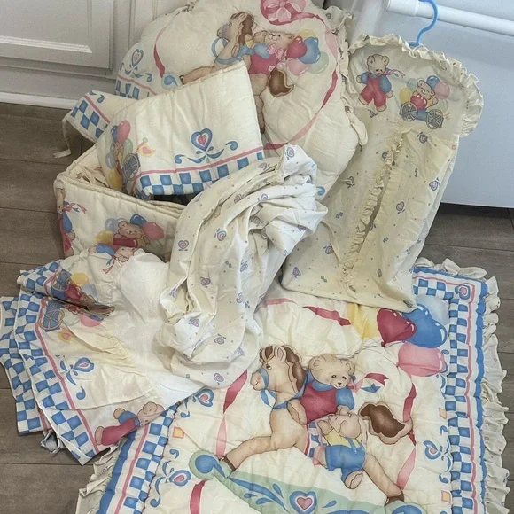 Vintage 90s Red Calliope Baby Bedding Complete Nursery SET Teddy Quilt & Accents